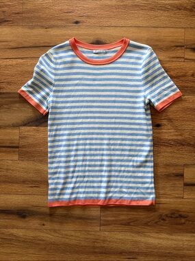 Striped Short Sleeve Tee in Light Blue and White with Coral Trim